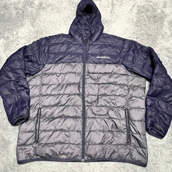 Eddie Bauer Down Puffer Jacket Mens XXL Blue Gray Hooded Coat ** - Picture 1 of 10
